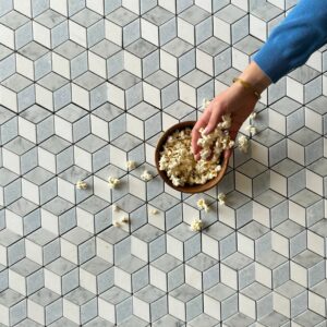 Rhombus Blue Celeste, Thassos & Carrara Polished Marble Mosaic Tile